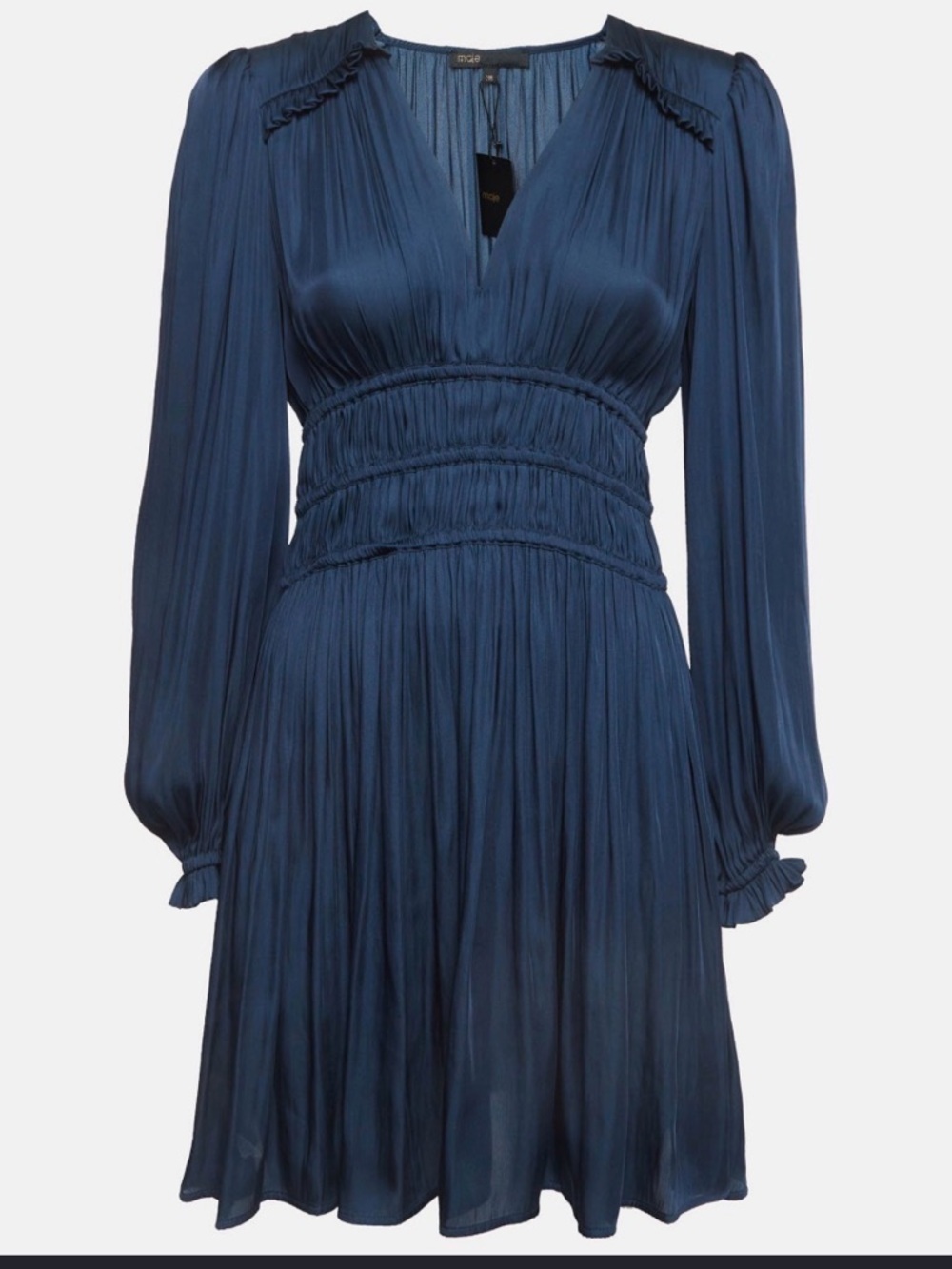 Maje Navy Blue V‑Neck Long‑Sleeve Smocked Mini Dress - Picture 3 of 9